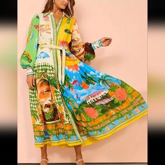 Green and Yellow Long Sleeve Resort Sundress - Picture 3 of 6